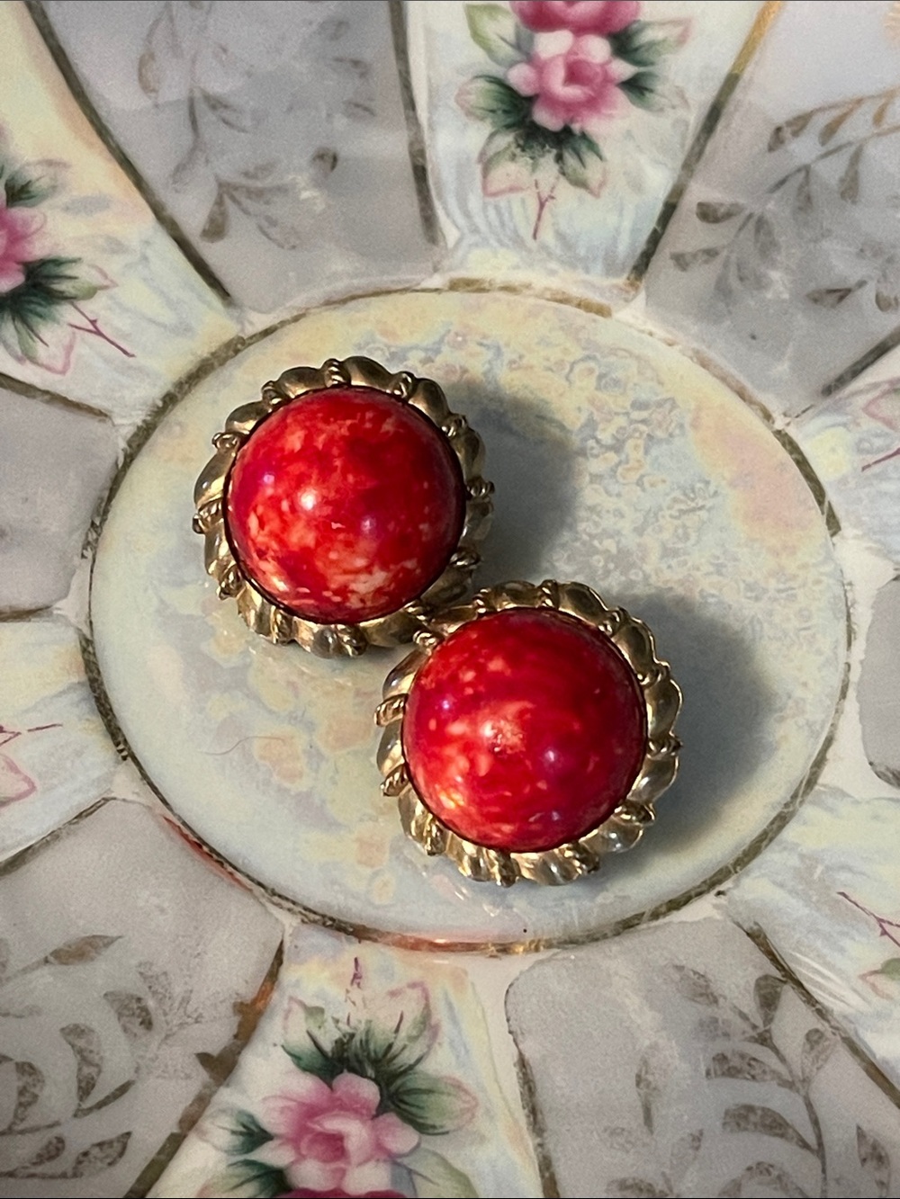 Vintage Marvella Red Swirled Lucite Domed Clip-On Earrings